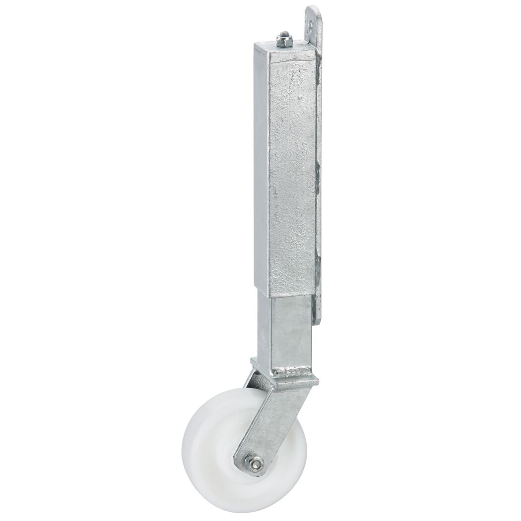 Torlaufrolle mit Teleskop-Federung, Stahl feuerverzinkt, Polyamidrad, Gleitlager, Federweg ca. 60 mm, 100 x 35 mm, Tragkraft 70 kg