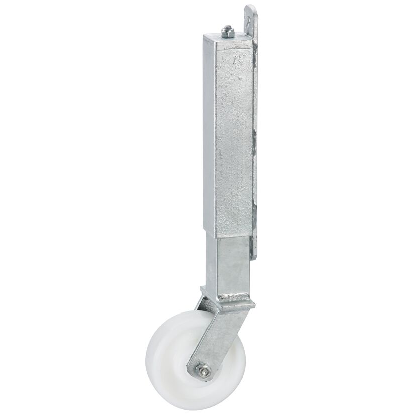 Torlaufrolle mit Teleskop-Federung, Stahl feuerverzinkt, Polyamidrad, Gleitlager, Federweg ca. 60 mm, 100 x 35 mm, Tragkraft 70 kg