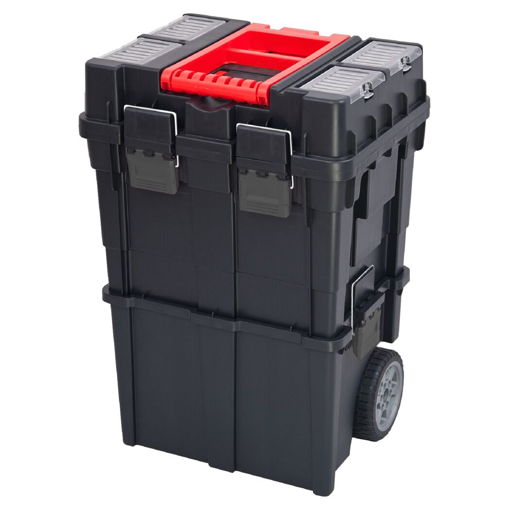 Schwarze Werkzeug Rollbox mit roten Griffen