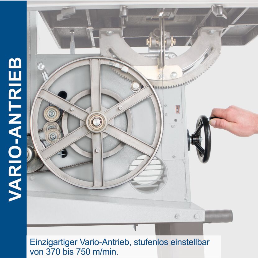 Person verwendet den Vario-Antrieb einer Bandsäge.