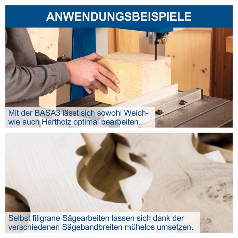 Person sägt mit Bandsäge ein Stück Holz.