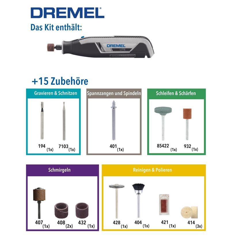 Dremel Lite mit 15 Zubehörteilen