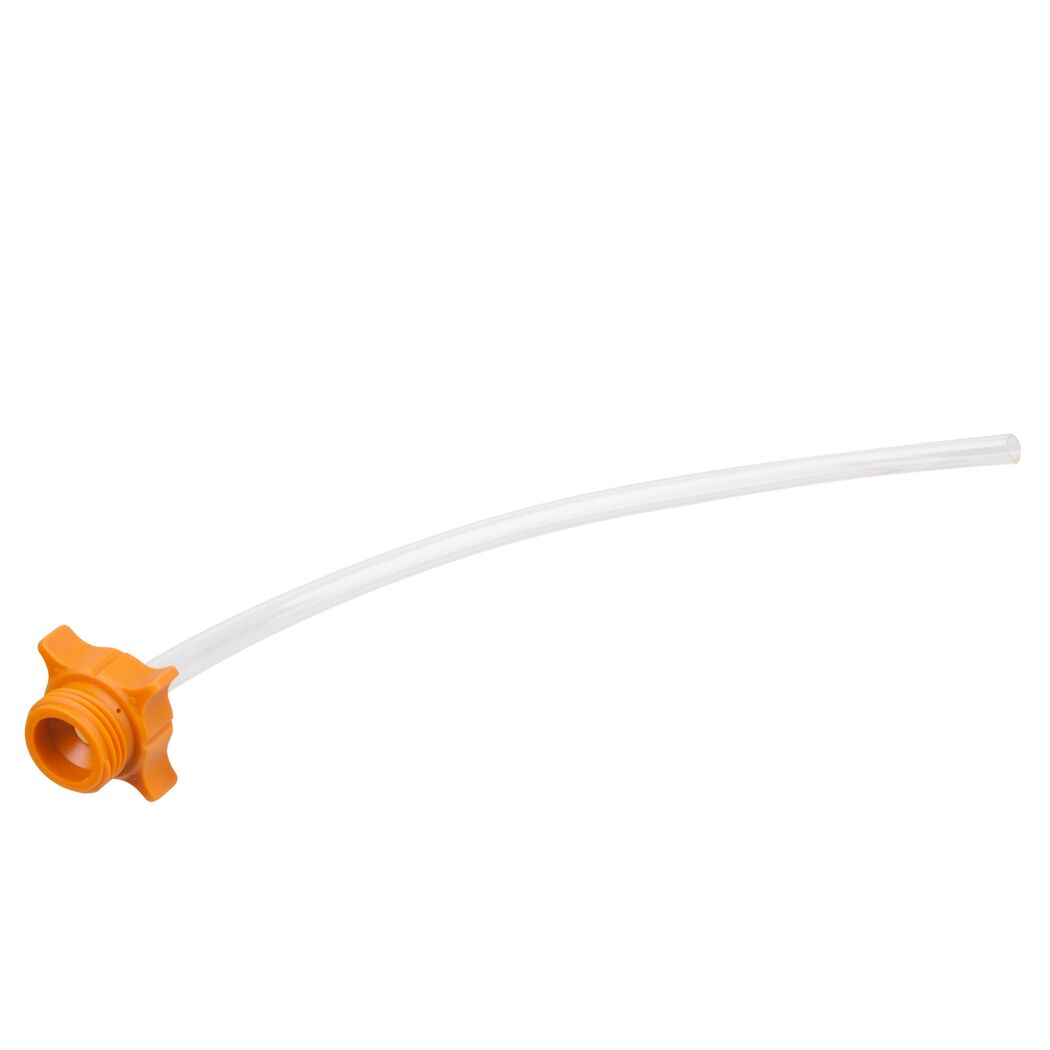 Klarer Schlauch mit orangefarbenem Adapter.