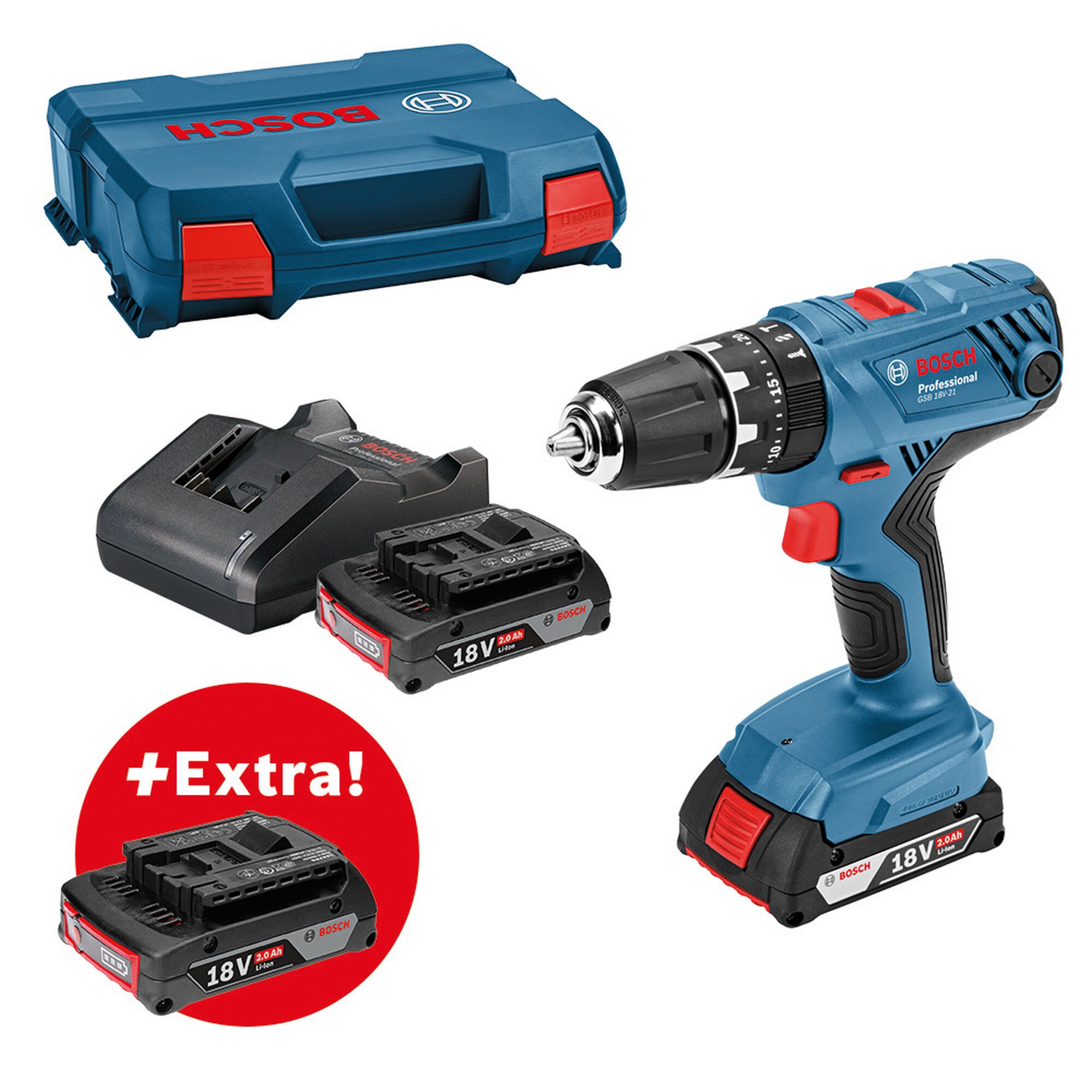 Bosch Akkubohrschrauber GSB 18V-21, 2 Akkus, Ladegerät und L-Case
