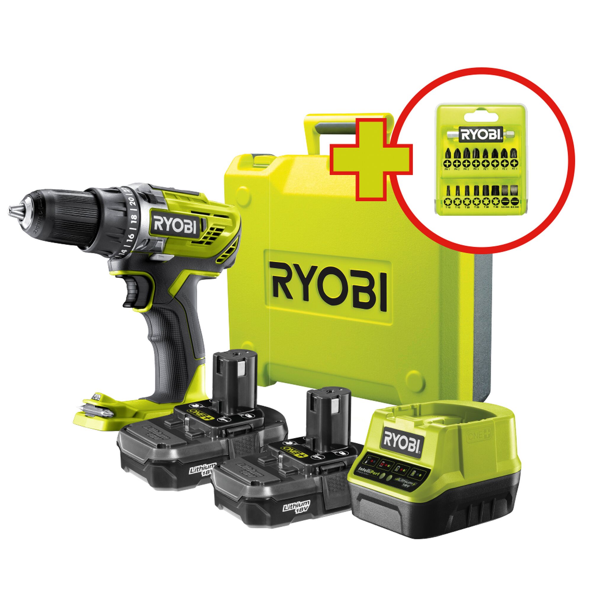 RYOBI Akku-Schrauber-Set, 2 Akkus, Ladegerät, Koffer, Bits