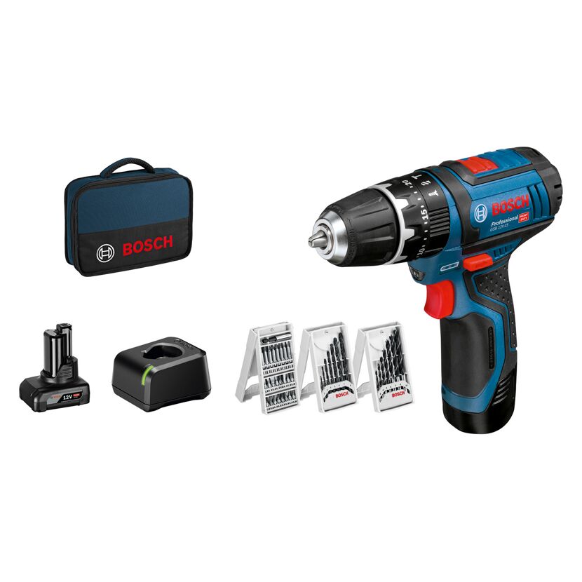 Bosch Akku-Schlagbohrschrauber, Ladegerät, Bits und Tasche