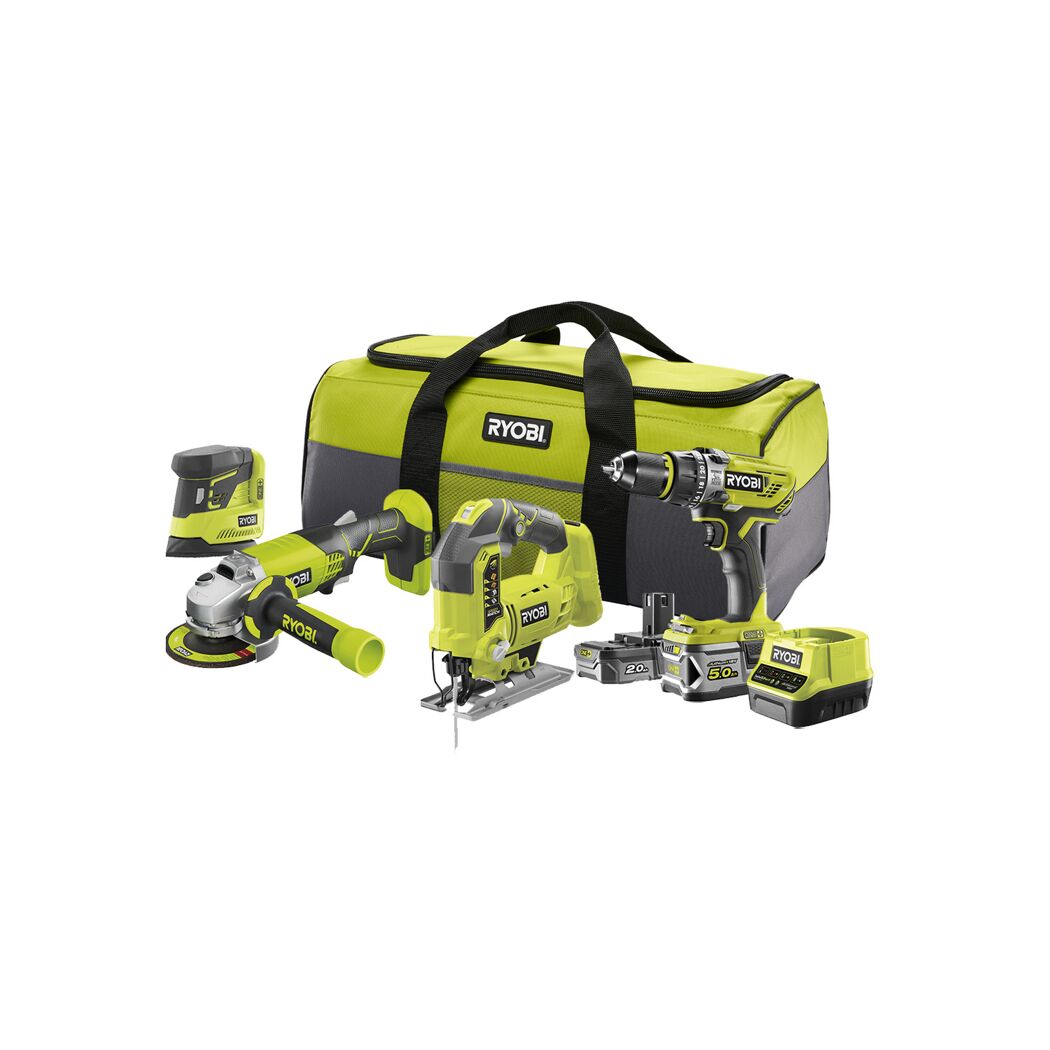 RYOBI Kombo-Set mit Akku-Bohrschrauber, -Stichsäge, -Winkelschleifer, -Multischleifer, 2 Akkus und Ladegerät