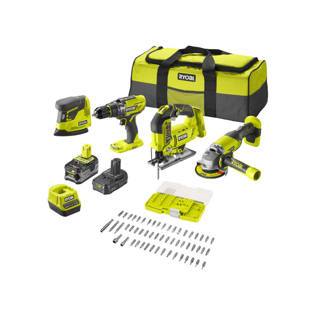 Bild von Combo Kit Akku-Schlagbohrschrauber, Winkelschleifer, Stichsäge, Delta-Vibrationsschleifer 'R18CK4F-252S' mit Akku, Werkzeugtasche und 55-teiligem Bit-Set