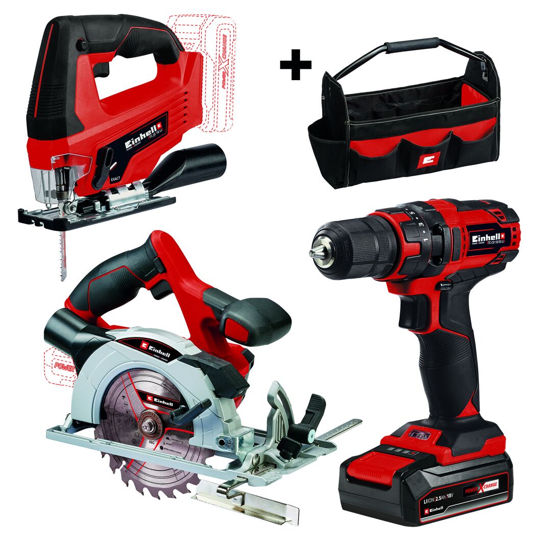 Einhell Akku-Maschinen-Set mit Stichsäge, Handkreissäge, Bohrschrauber und Tasche