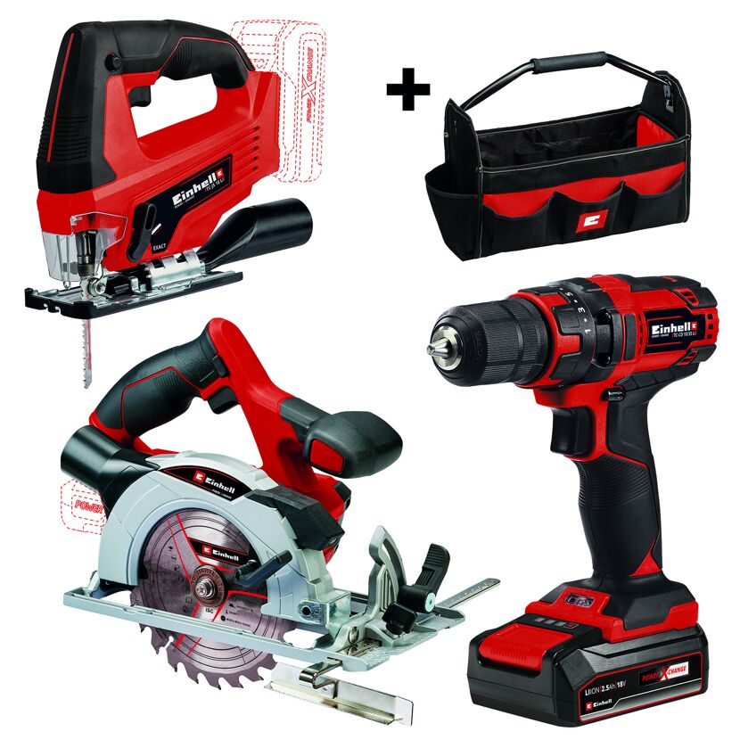 Einhell Akku-Maschinen-Set mit Stichsäge, Handkreissäge, Bohrschrauber und Tasche
