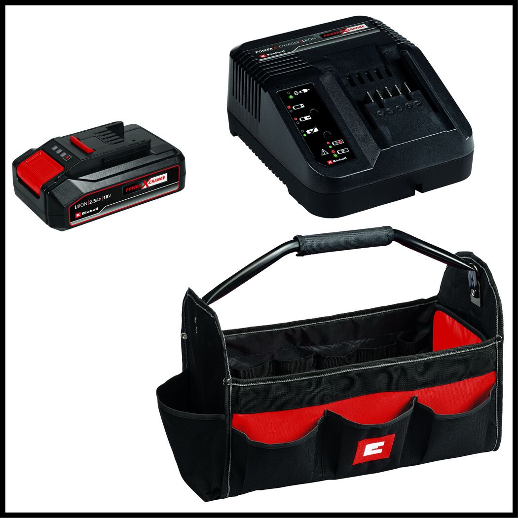 Einhell Power X-Change 18V Akku, Ladegerät und Werkzeugtasche