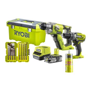 RYOBI Akku-Combo-Kit mit Bohrer, Schlagbohrer, Bohrern, Bits und Ladegerät