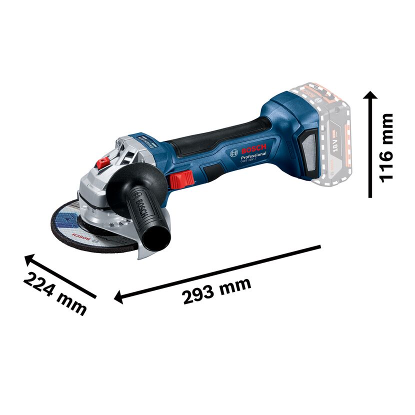 Bosch Akku-Winkelschleifer GWS 18V-7 mit Maßen