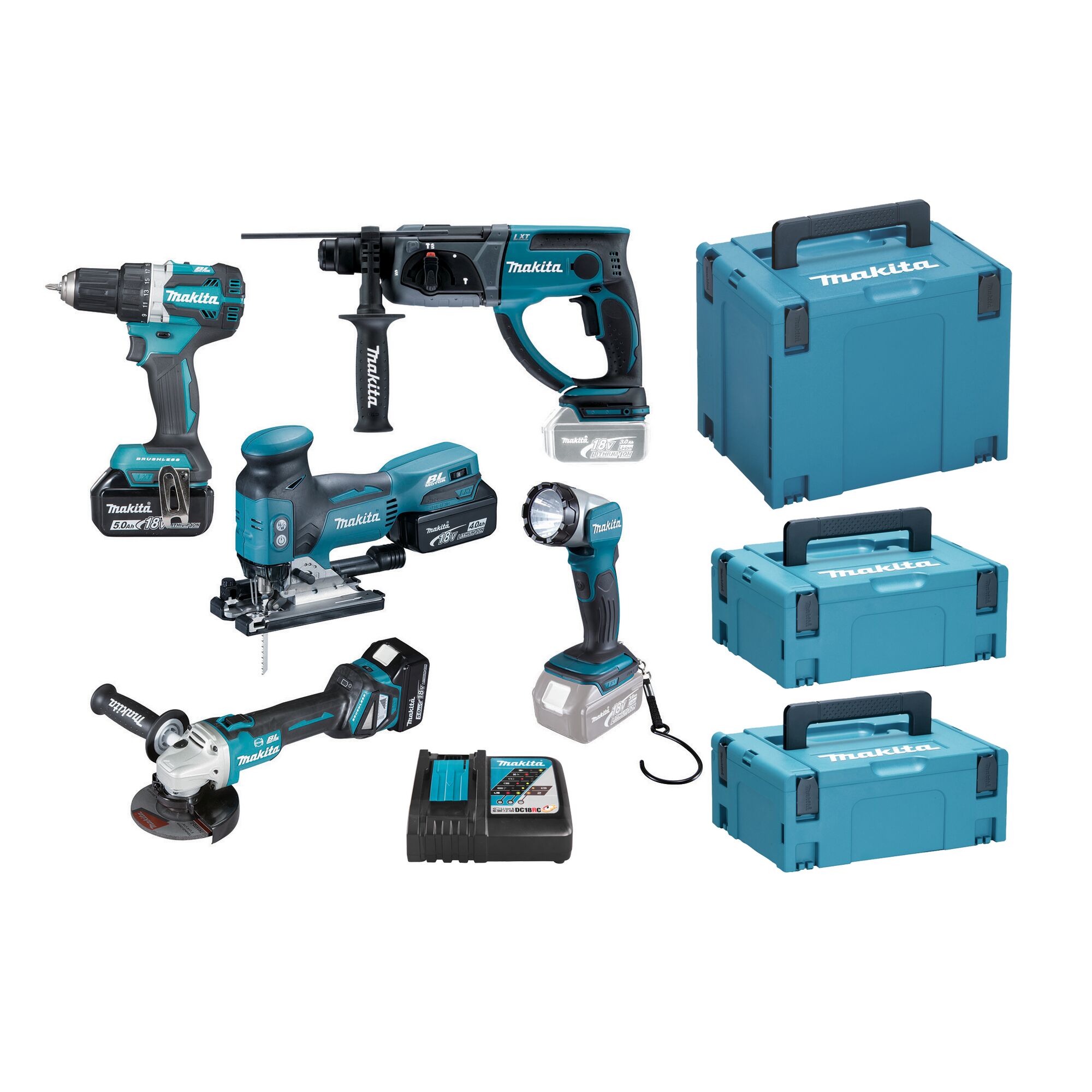 Makita Maschinen-Set mit Akkuschrauber, Bohrer, Stichsäge, Schleifer, Lampe und Akkus