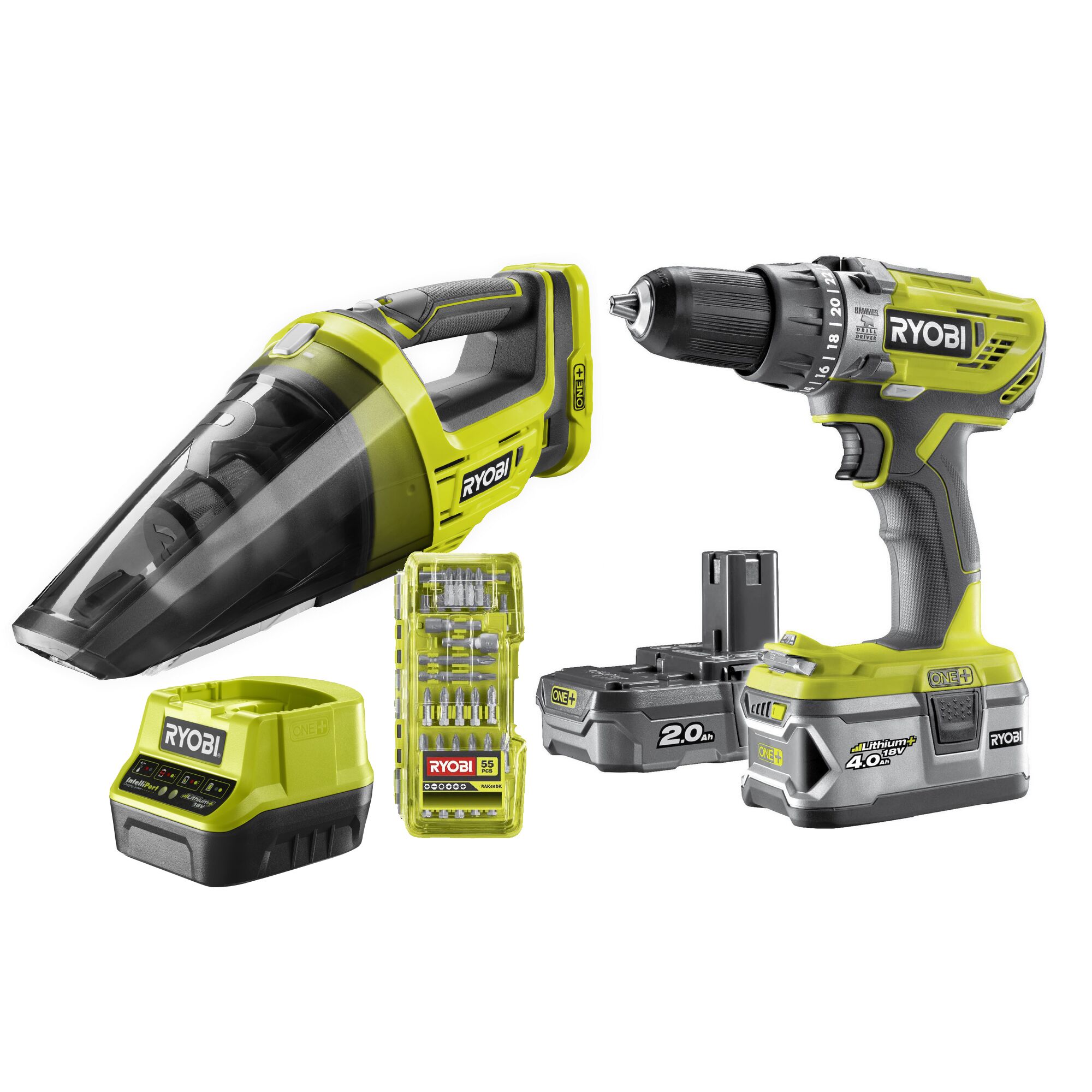 RYOBI Akku-Schlagbohrer, -Staubsauger, Akkus und Bits