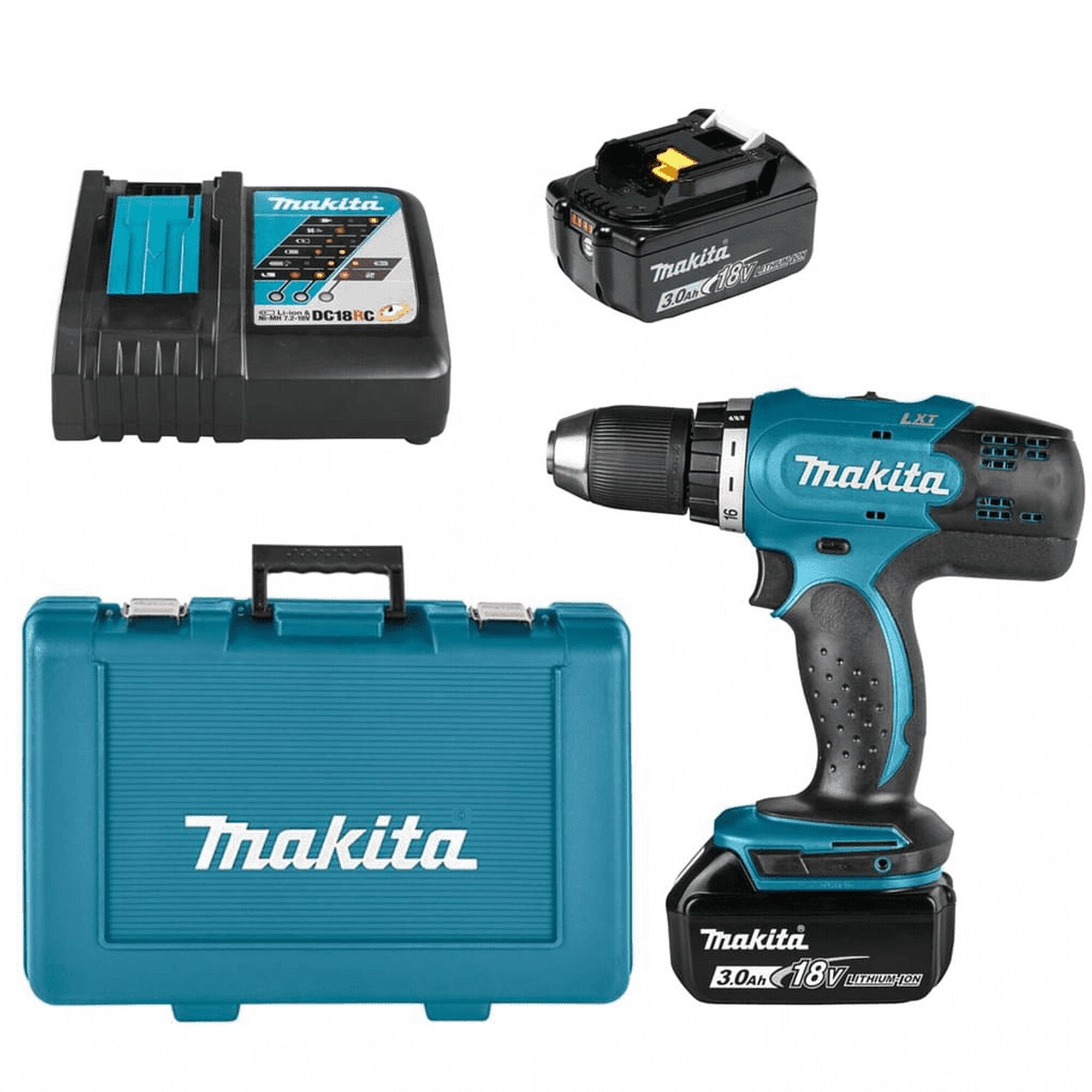 Makita Akku-Bohrschrauber, Ladegerät, zwei Akkus und Koffer