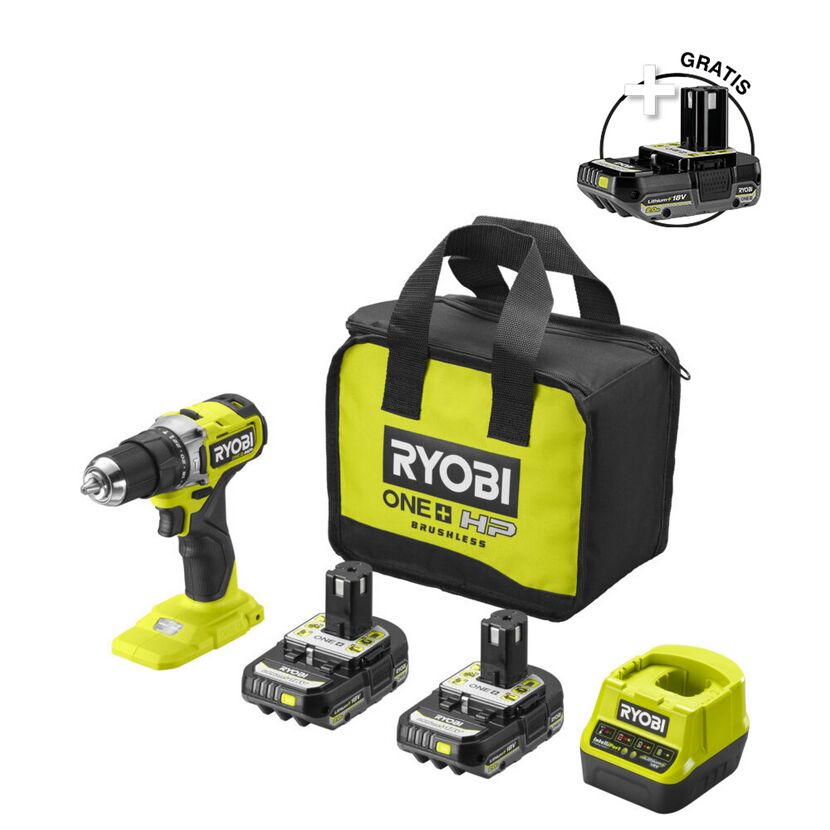 RYOBI Akku-Schlagbohrschrauber, Ladegerät, Tasche, zwei Akkus