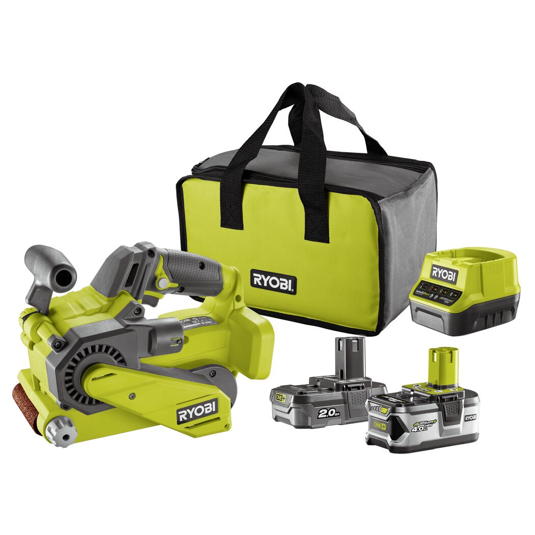RYOBI Bandschleifer mit Tasche, Ladegerät und zwei Akkus
