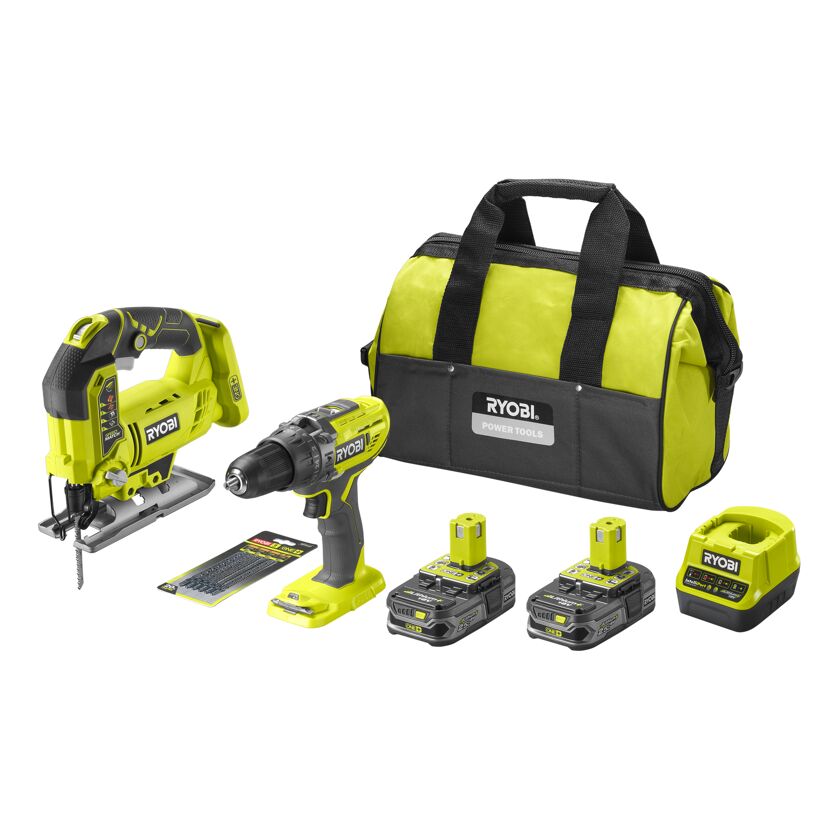 Ryobi Akku-Bohrschrauber und Akku-Stichsäge, inklusive Zubehör.