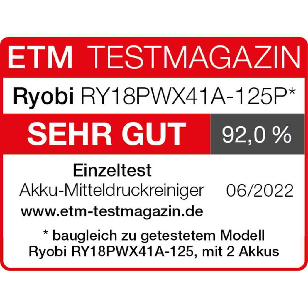 Akku-Mitteldruckreiniger 'ONE+ HP Brushless RY18PWX41A-125P' 18 V inklusive 2 Akkus und Ladegerät