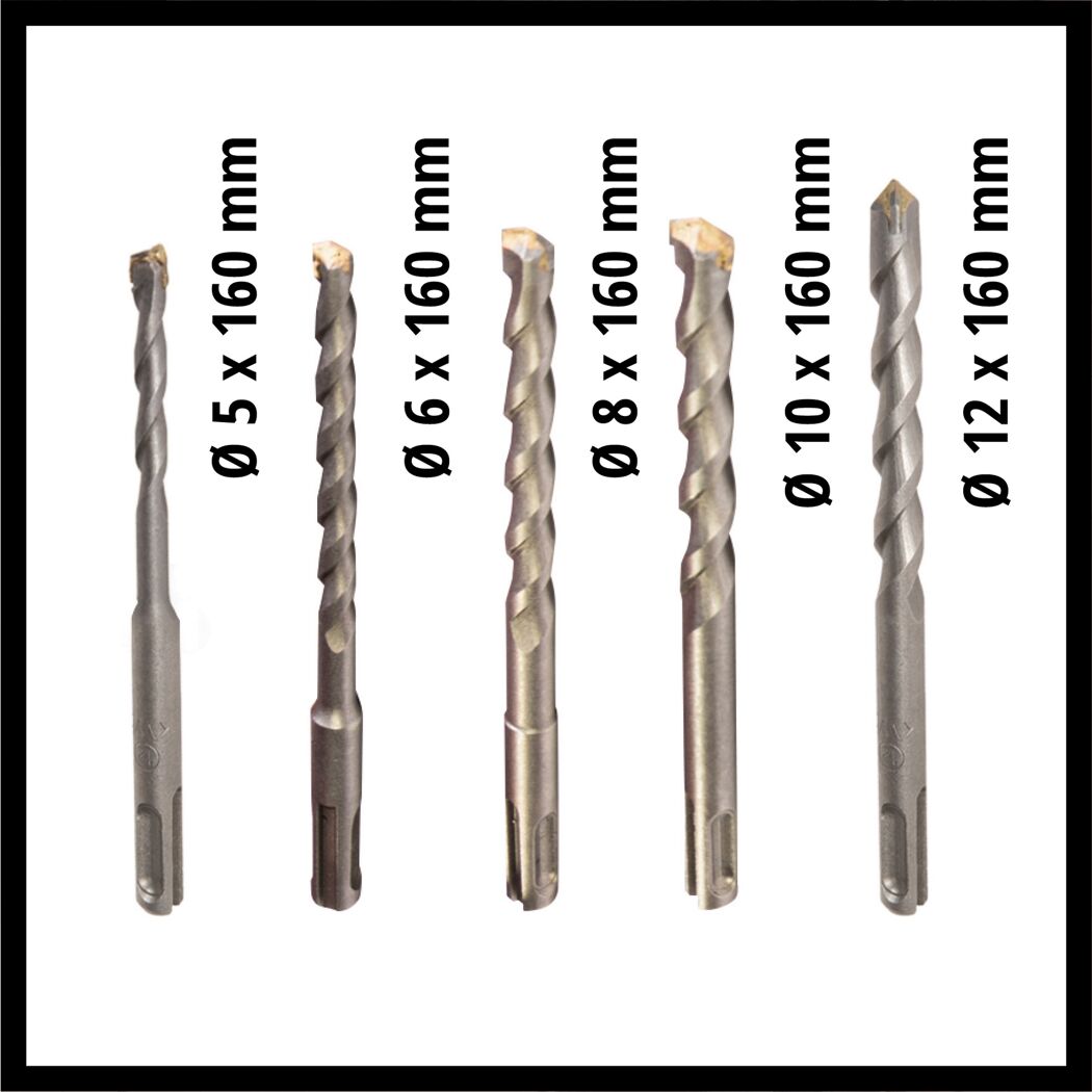 Fünf SDS-Plus Bohrer, Durchmesser 5-12 mm, Länge 160 mm