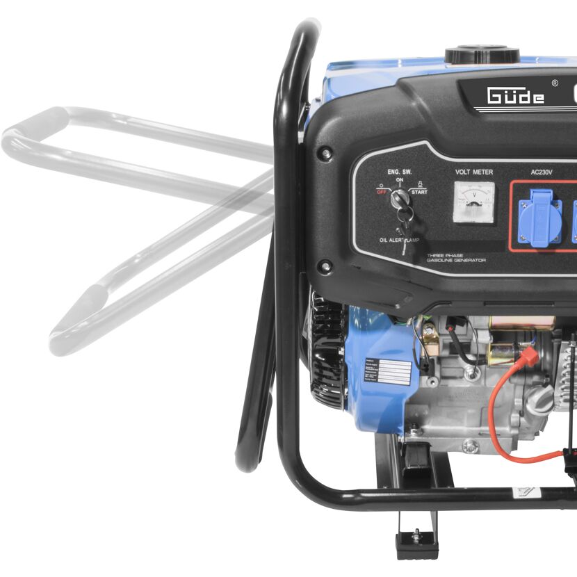 Blauer Stromerzeuger Güde GSE 6701 RS mit ausgeklapptem Griff