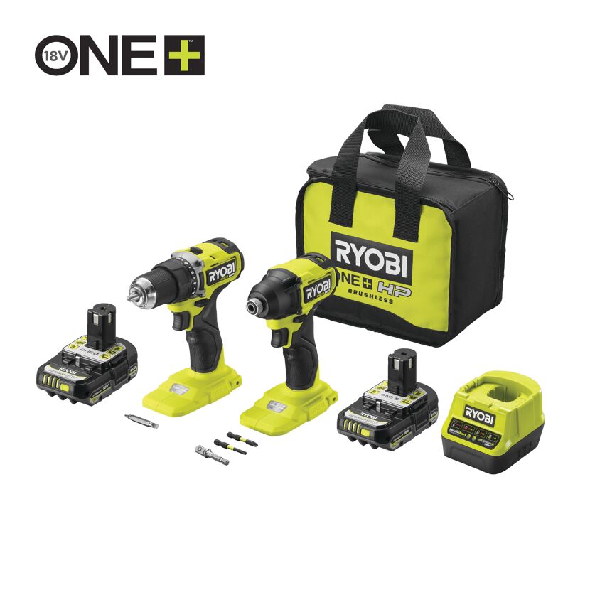 Ryobi Akku-Combo-Kit mit Bohrschrauber, Schlagschrauber, zwei Akkus, Ladegerät und Tasche