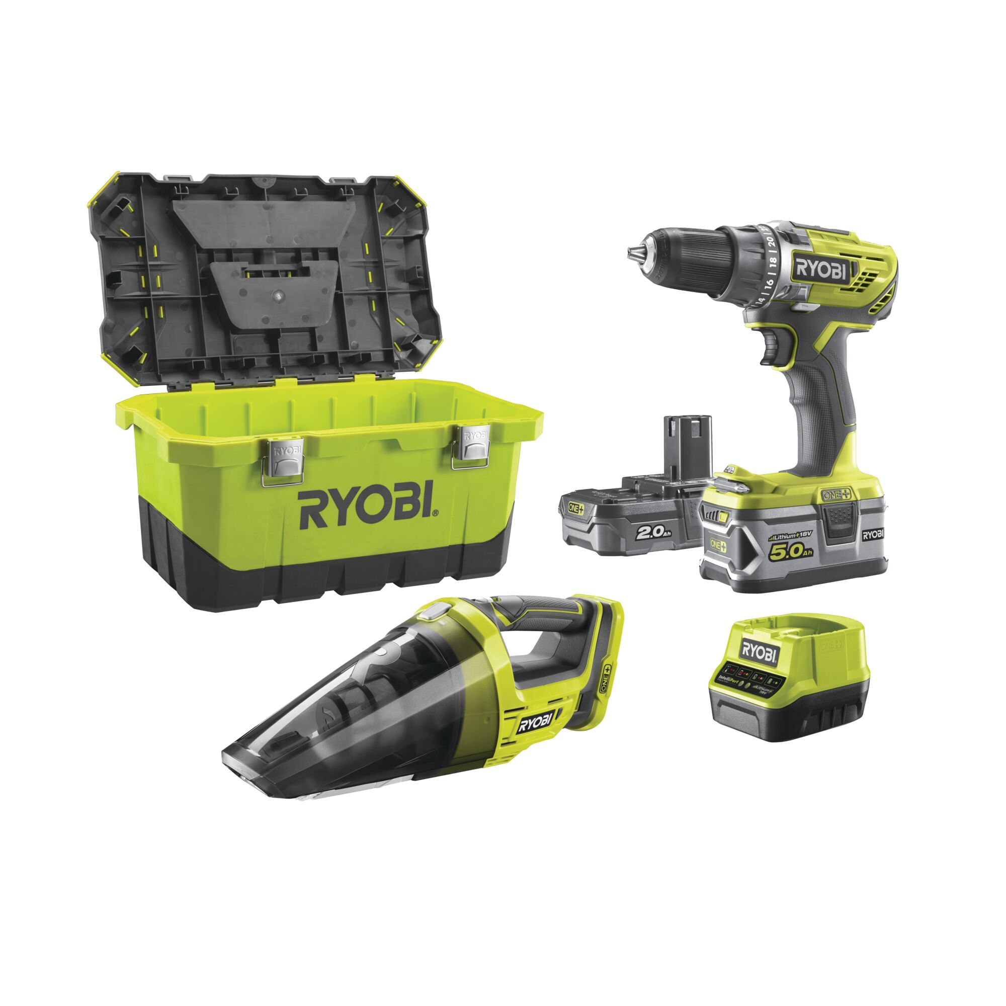 RYOBI Akku-Combo-Kit mit Bohrschrauber, Staubsauger, Akkus und Ladegerät