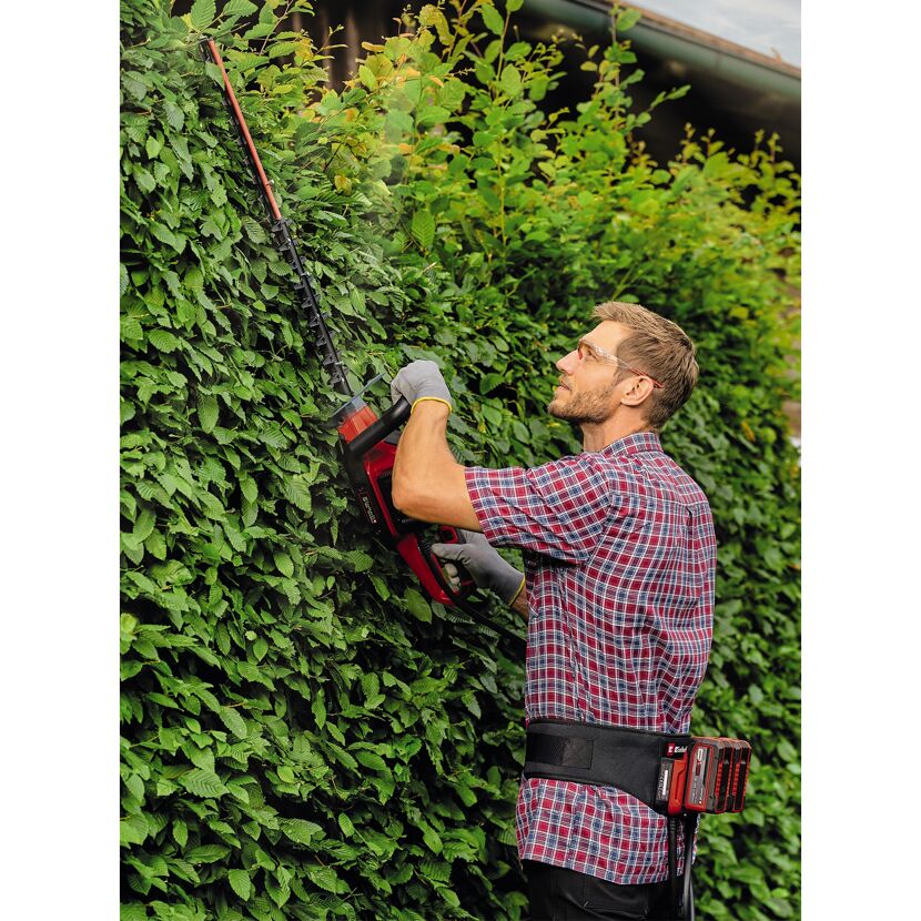 Person schneidet Hecke mit Heckenschere