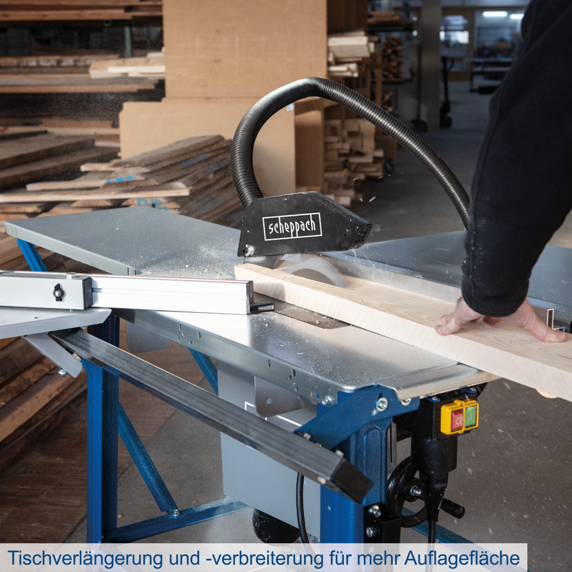 Person sägt Holz mit Tischkreissäge von Scheppach
