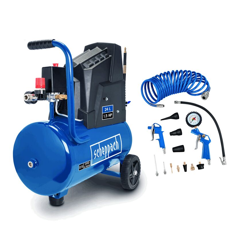 Blauer Druckluftkompressor Scheppach HC30o mit Zubehör