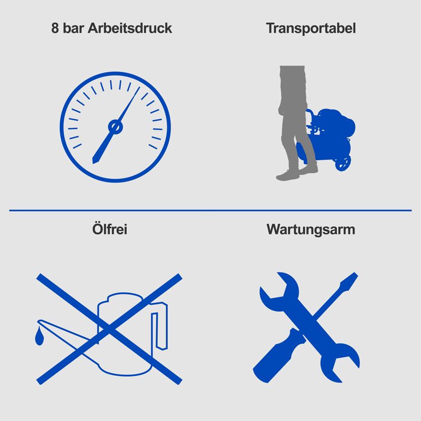 8 bar, ölfreier und transportabler Kompressor, wartungsarm
