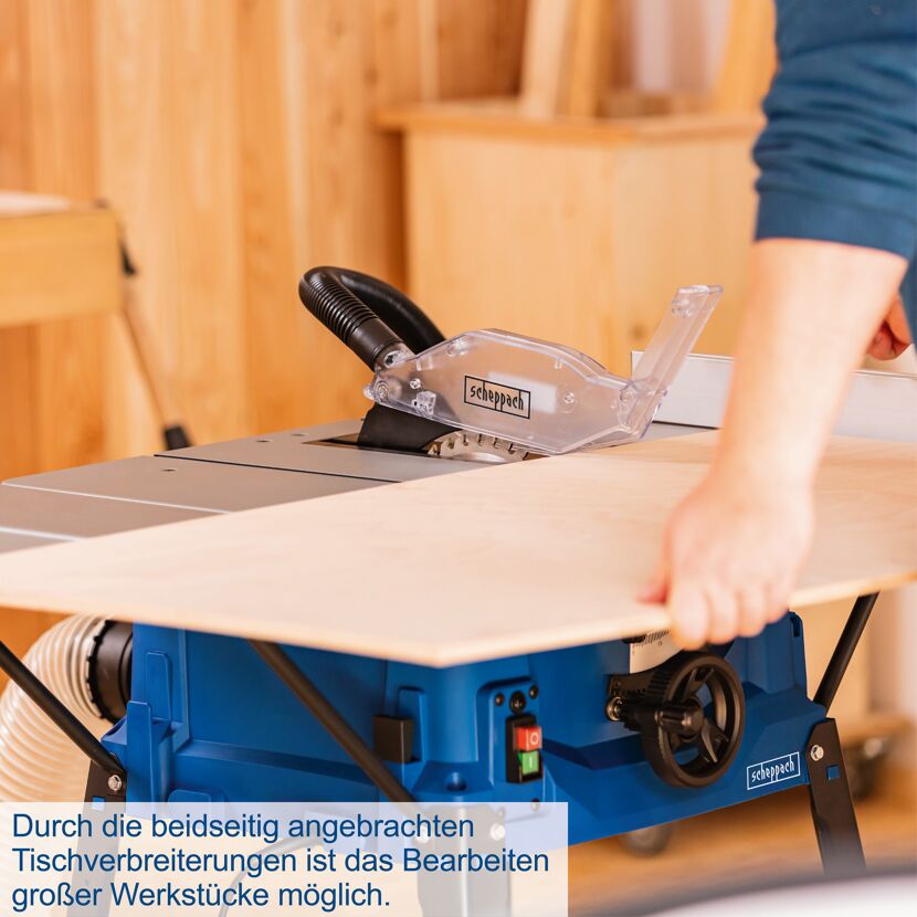 Person verwendet eine Tischkreissäge von Scheppach.