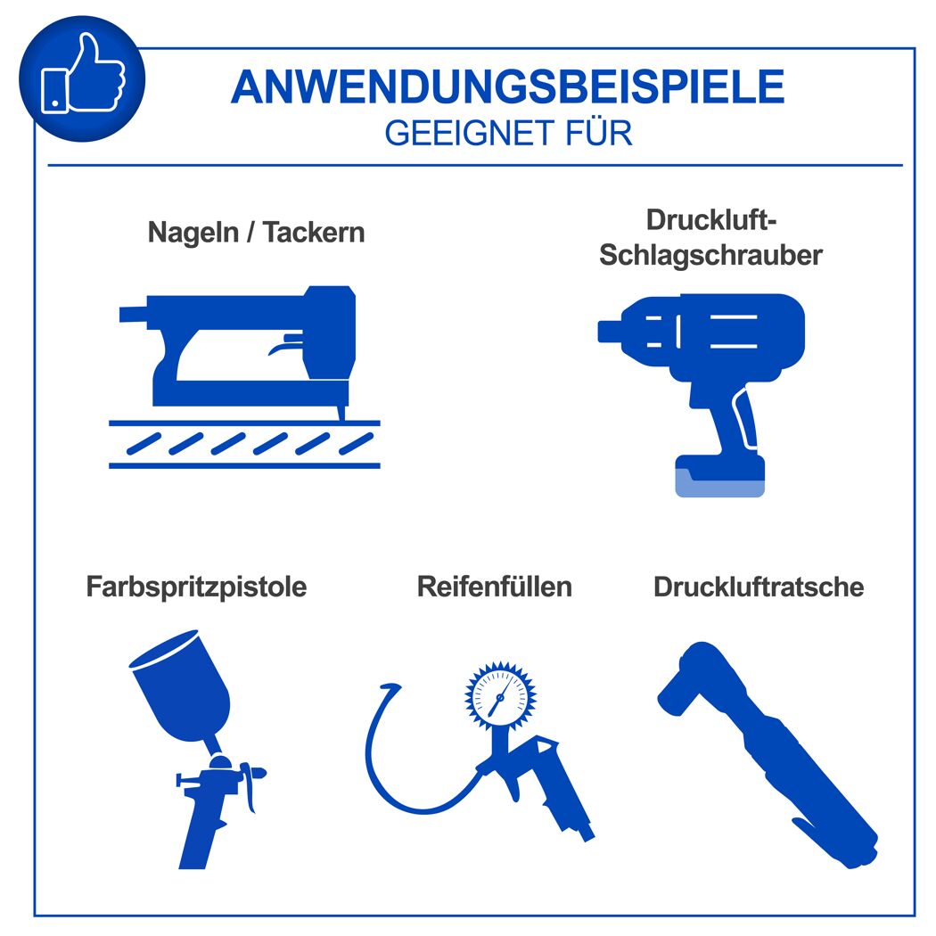 Beispiele für Druckluftwerkzeuge: Tacker, Druckluftschrauber, Farbspritzpistole, Reifenfüller, Druckluftratsche