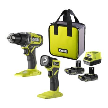 Ryobi Akku-Schlagbohrschrauber, Lampe, zwei Akkus und Ladegerät