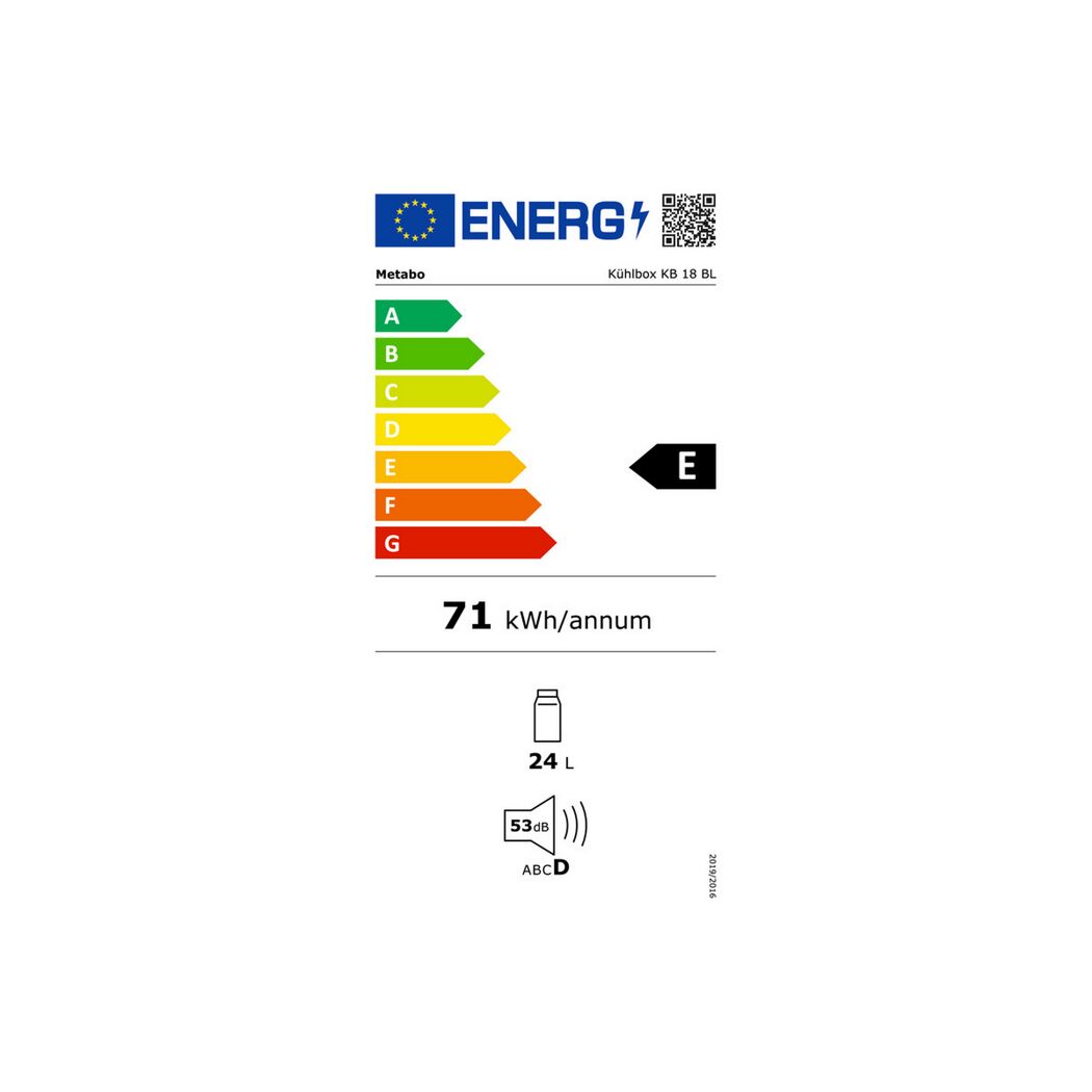 EU-Energielabel für Kühlbox KB 18 BL von Metabo: Klasse E