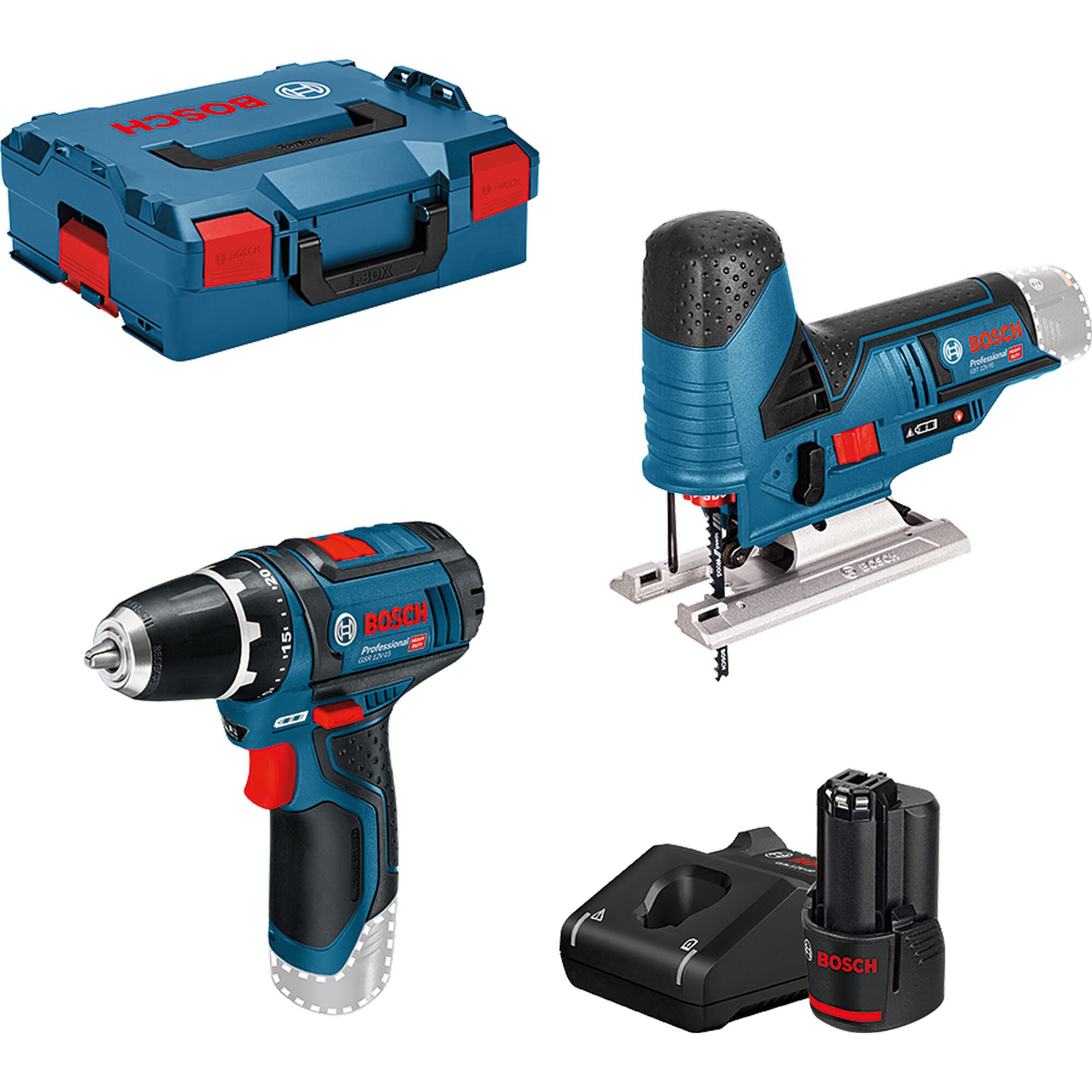 Bosch Akku-Bohrschrauber, Akku-Stichsäge, Ladegerät und L-BOXX