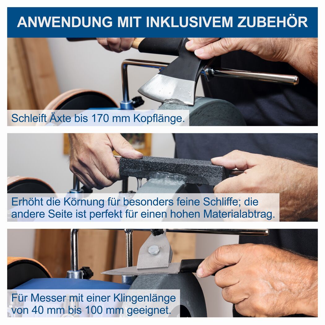 Person schärft Axt und Messer mit Schleifstein