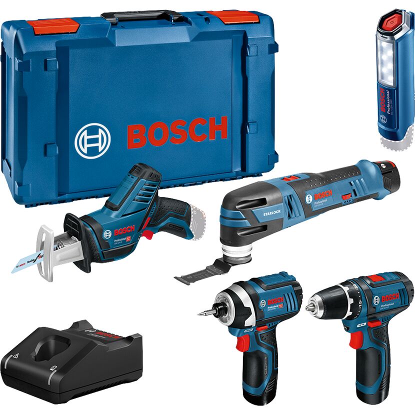 Bosch Akku Werkzeugset mit Stichsäge, Multifunktionswerkzeug, zwei Akkuschraubern, Arbeitsleuchte, Ladegerät und Koffer