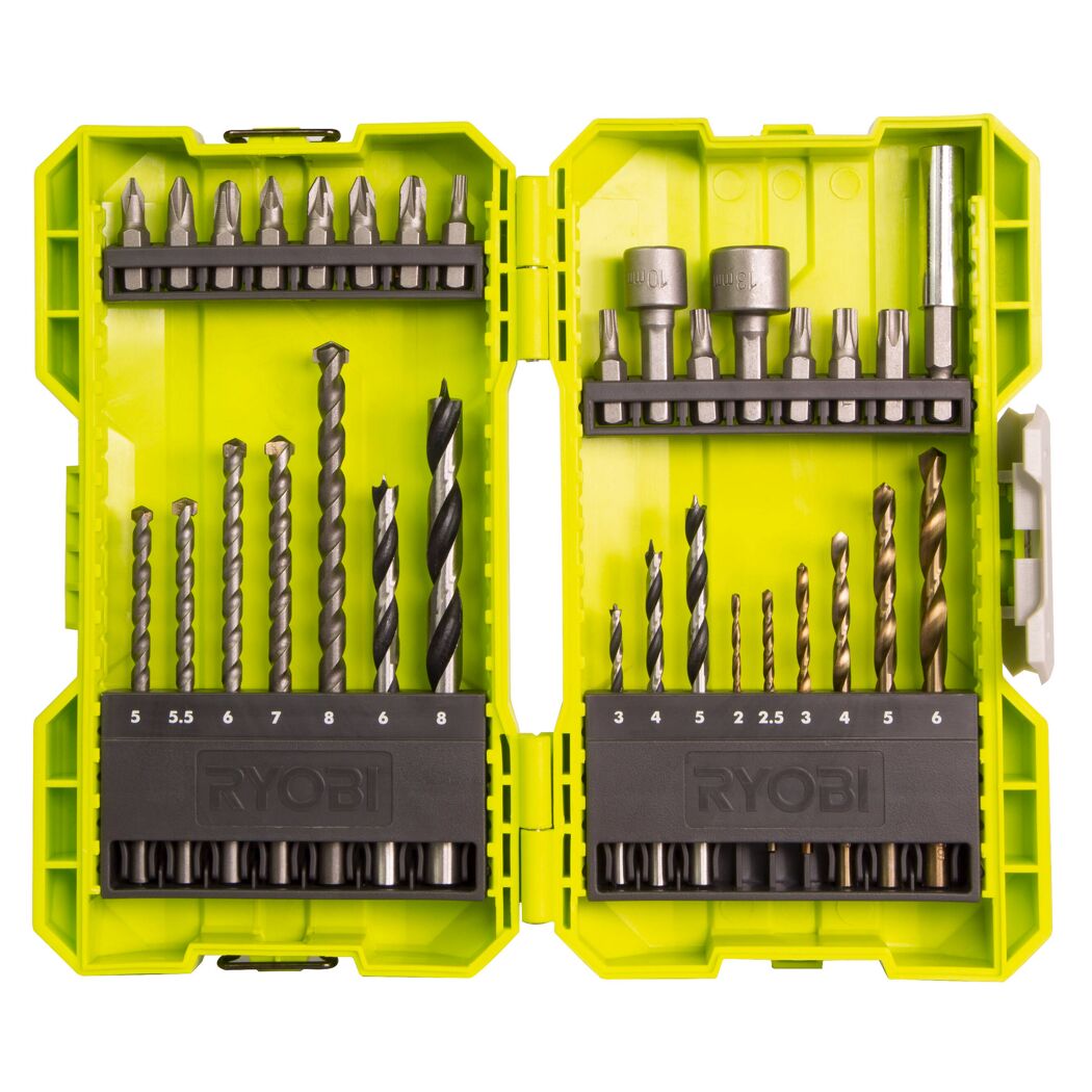 Bohrer und Bits in gelber Box