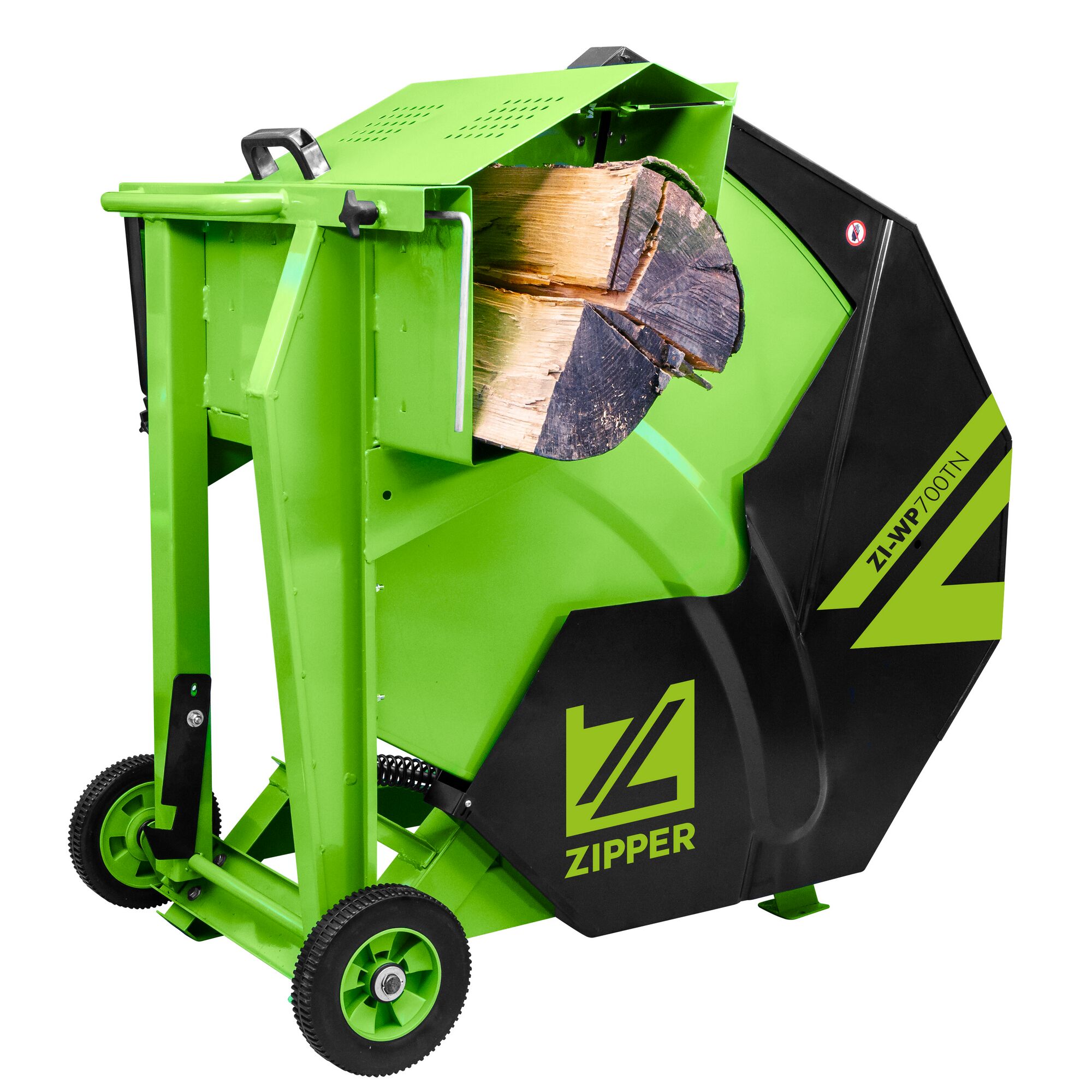 Grüne Wippsäge mit Holzscheit