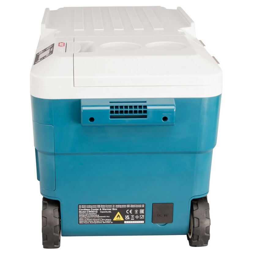 Blau-weiße Kühlbox mit Rollen