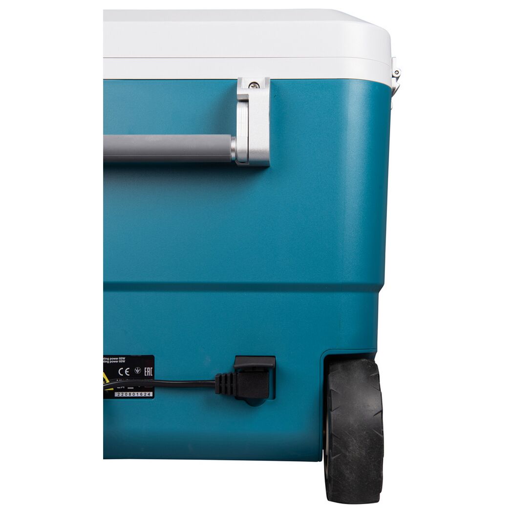 Blaue Kühlbox mit Rollen und Stromanschluss
