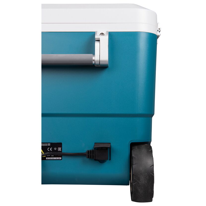 Blaue Kühlbox mit Rollen und Stromanschluss