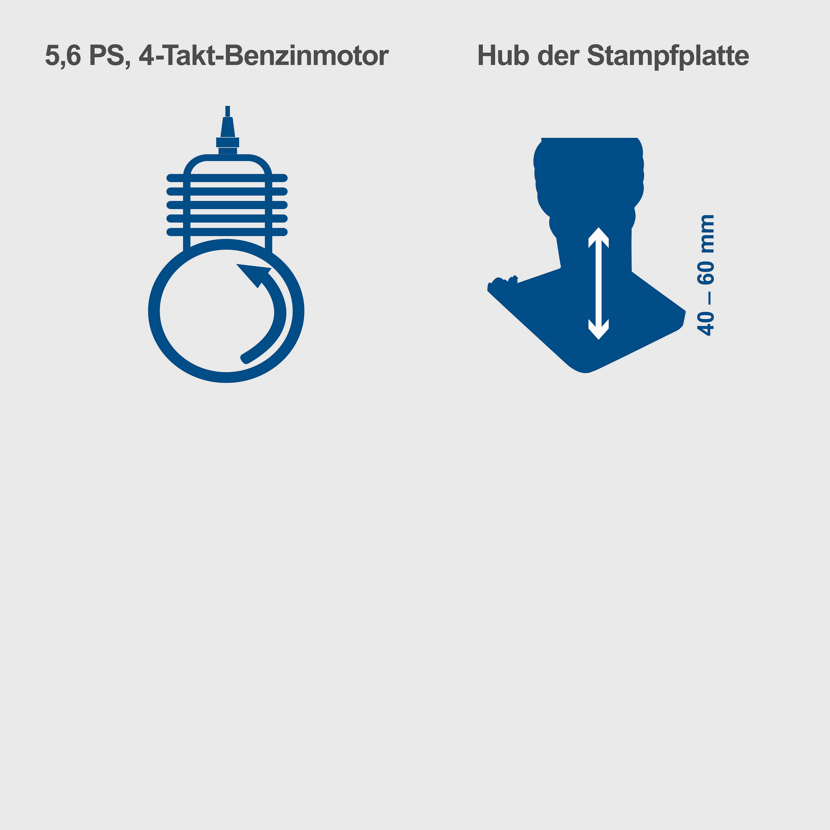 4-Takt-Benzinmotor und Hub der Stampfplatte mit Maßangaben