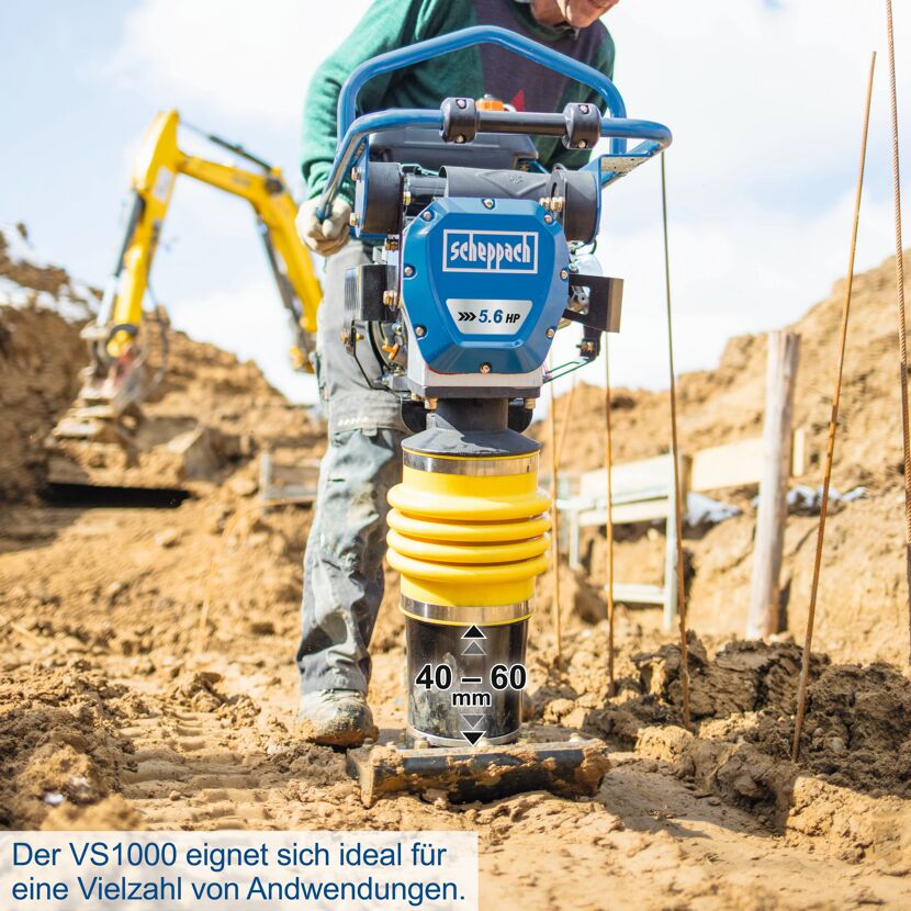 Person verwendet einen Scheppach VS1000 Vibrationsstampfer.