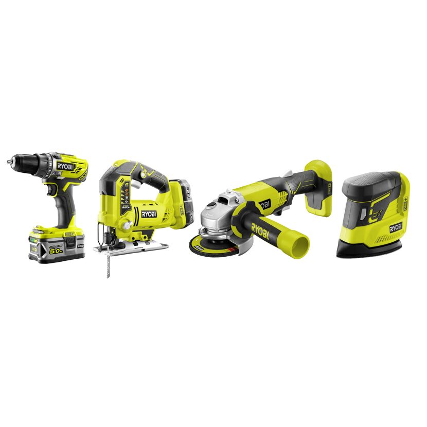 RYOBI Akku-Kombi-Set mit Bohrschrauber, Stichsäge, Winkelschleifer und Schleifer