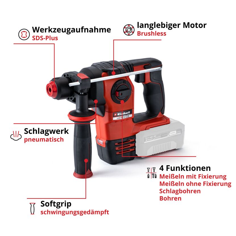 Akku-Bohrhammer Herocco rot-schwarz mit Griff