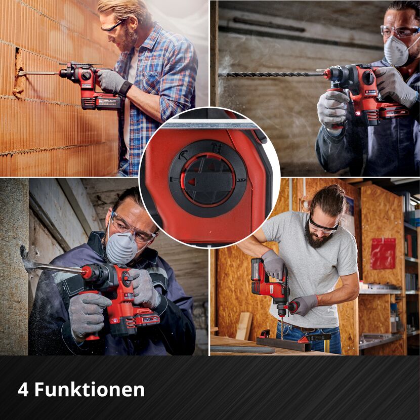 Ein Akkubohrhammer bohrt in eine Wand, einen Pfeiler, und ein Brett.