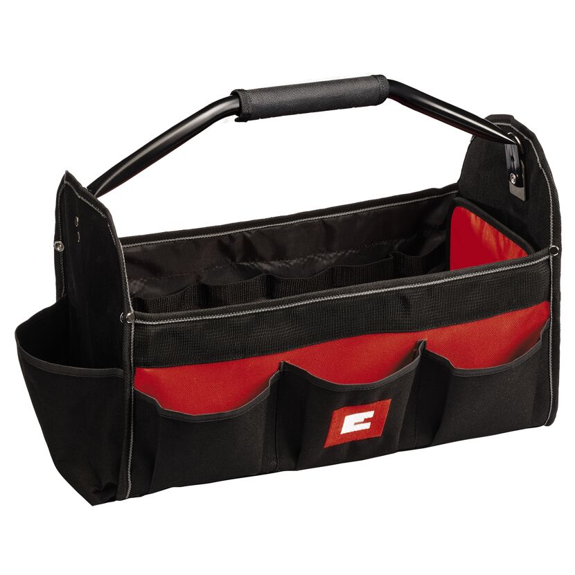 Schwarze Werkzeugtasche mit rotem E-Logo und Tragegriff